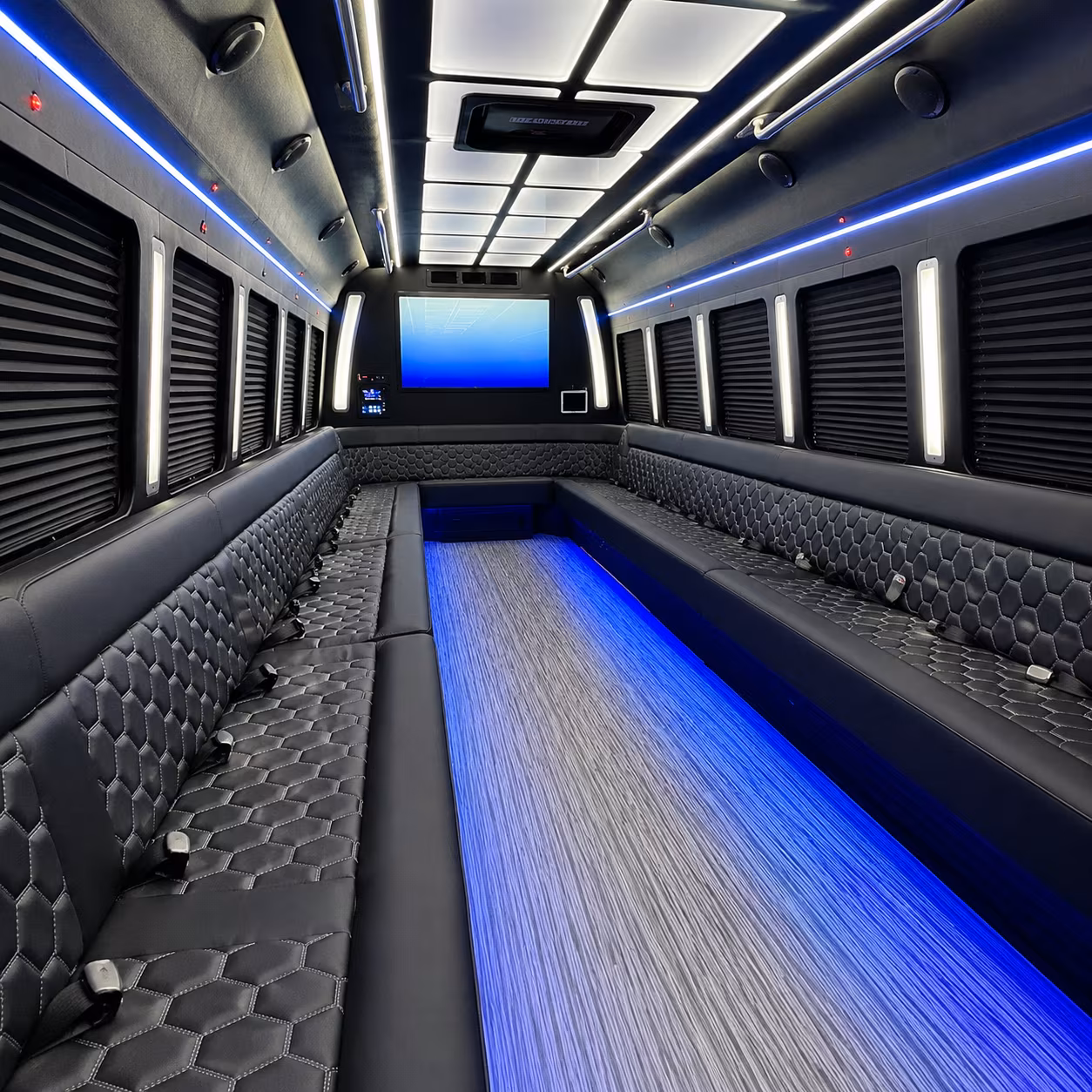 redding 50 passenger party bus inside